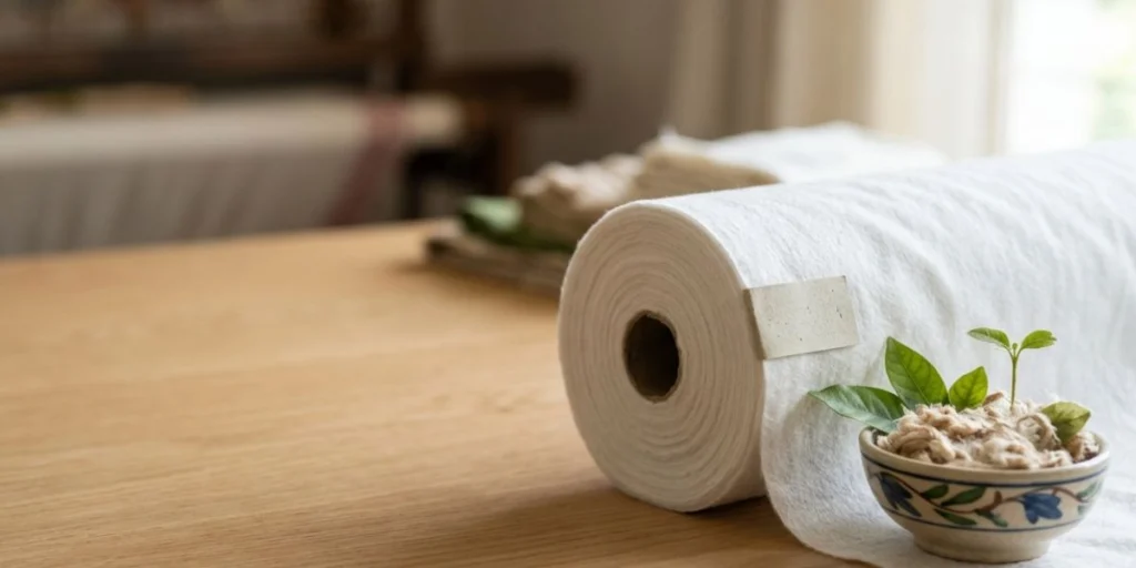 100% viscose spunlace nonwoven fabric roll with ultra-soft texture, biodegradable composition, and high absorbency for hygiene, wipes, and medical applications supplied by Favourite Fab India.
