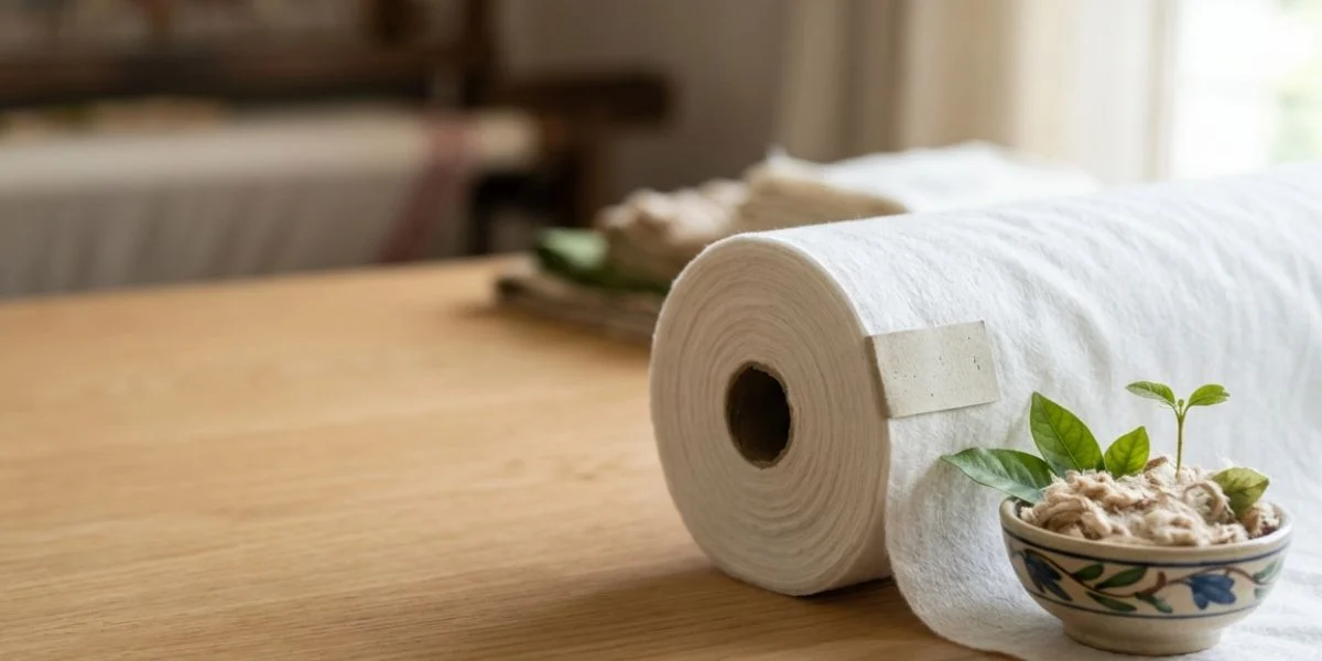 100% viscose spunlace nonwoven fabric roll with ultra-soft texture, biodegradable composition, and high absorbency for hygiene, wipes, and medical applications supplied by Favourite Fab India.