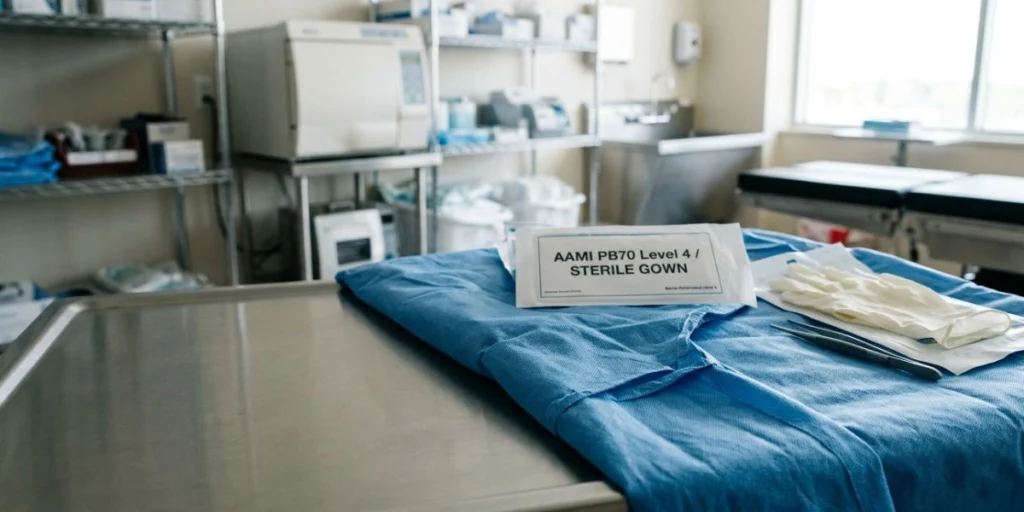 AAMI PB70 Level 4 nonwoven surgical gown fabric designed for maximum fluid and viral barrier protection in critical medical environments.