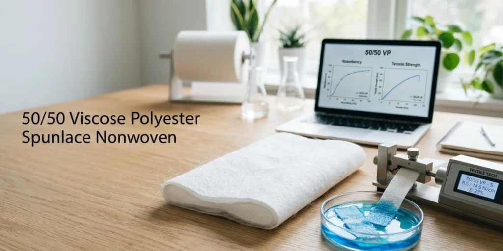 50/50 viscose polyester spunlace nonwoven fabric roll showing balanced softness, absorbency, tensile strength, and durability for wipes, medical, and hygiene applications.
