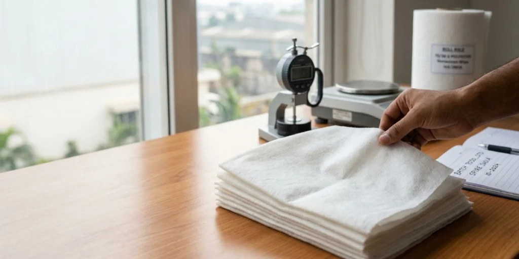 70/30 viscose polyester spunlace nonwoven fabric roll for standard wipe applications with soft texture, durable strength, and uniform surface finish manufactured in India.
