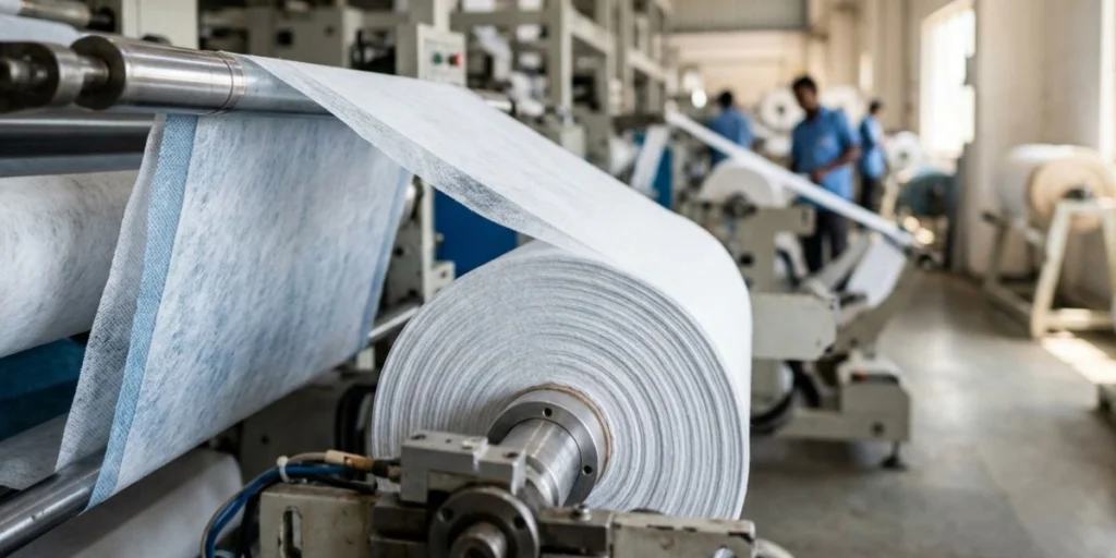 SMS composite nonwoven fabric structure showing spunbond and meltblown layers for medical, hygiene, and industrial applications manufactured in India.