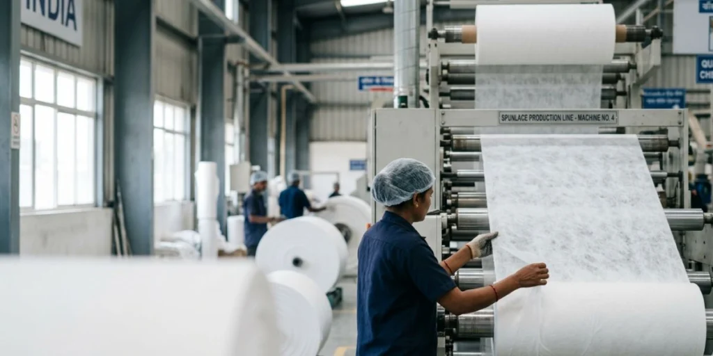 Viscose polyester spunlace nonwoven fabric roll with soft texture, durable blended fibres, and uniform surface for hygiene, medical, wipes, and industrial applications.