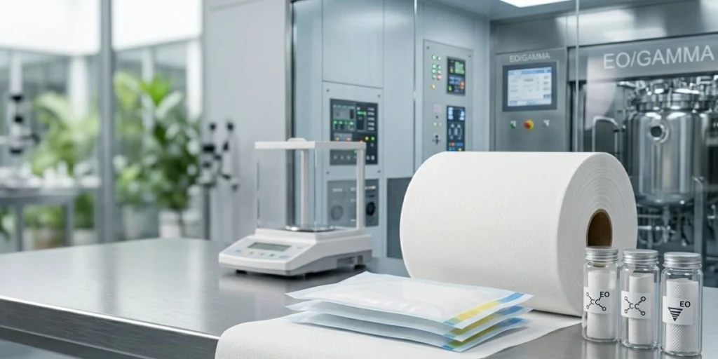 Medical grade nonwoven fabric roll designed for EO and gamma sterilisation applications in healthcare, surgical packaging, medical disposables, and sterile barrier systems by Indian supplier.