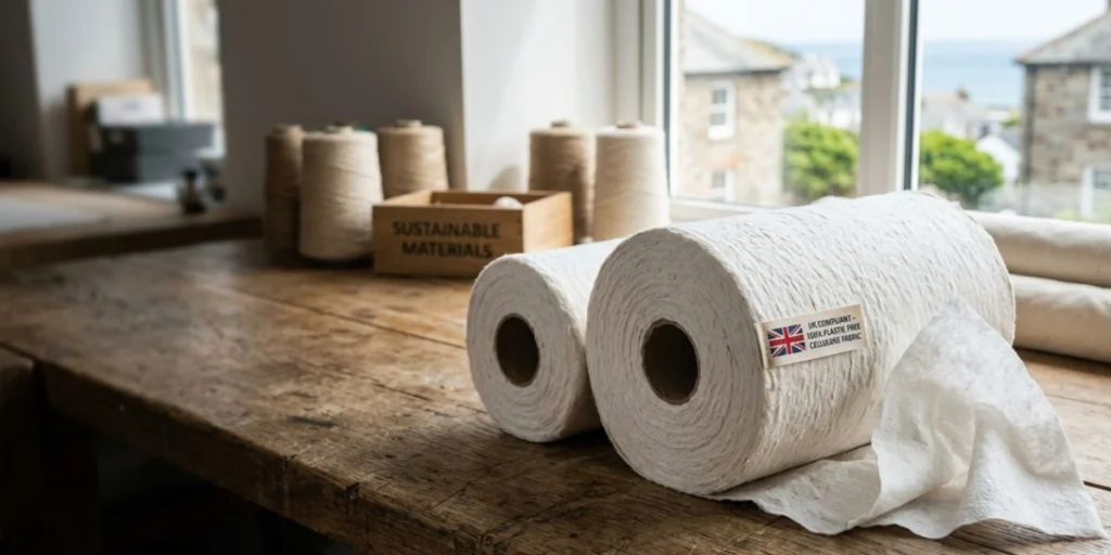 UK plastic ban compliant cellulose wet wipes fabric roll made from biodegradable plant-based nonwoven material for sustainable hygiene product manufacturing.
