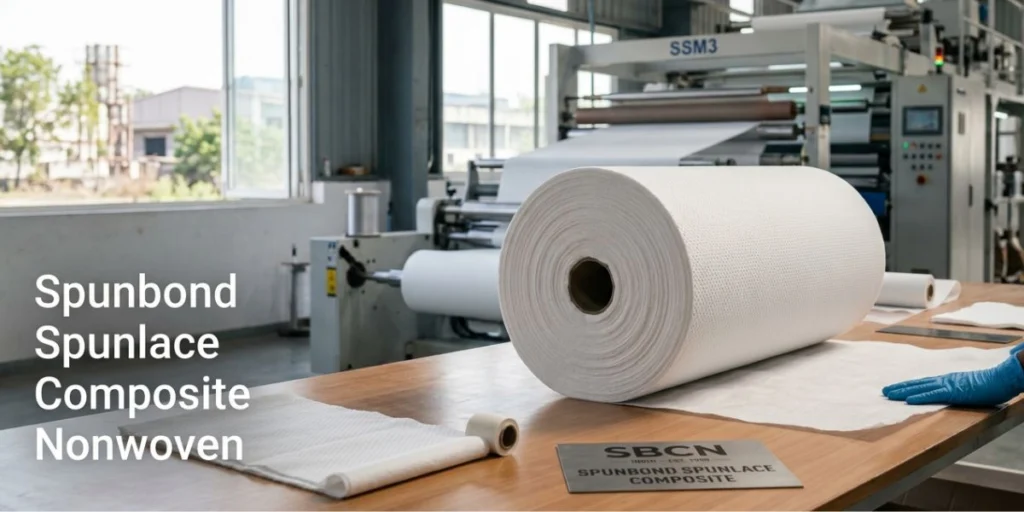 Spunbond spunlace composite nonwoven fabric roll combining high strength spunbond layers with soft spunlace texture for hygiene, medical, wipes, and industrial applications manufactured in India by Favourite Fab
