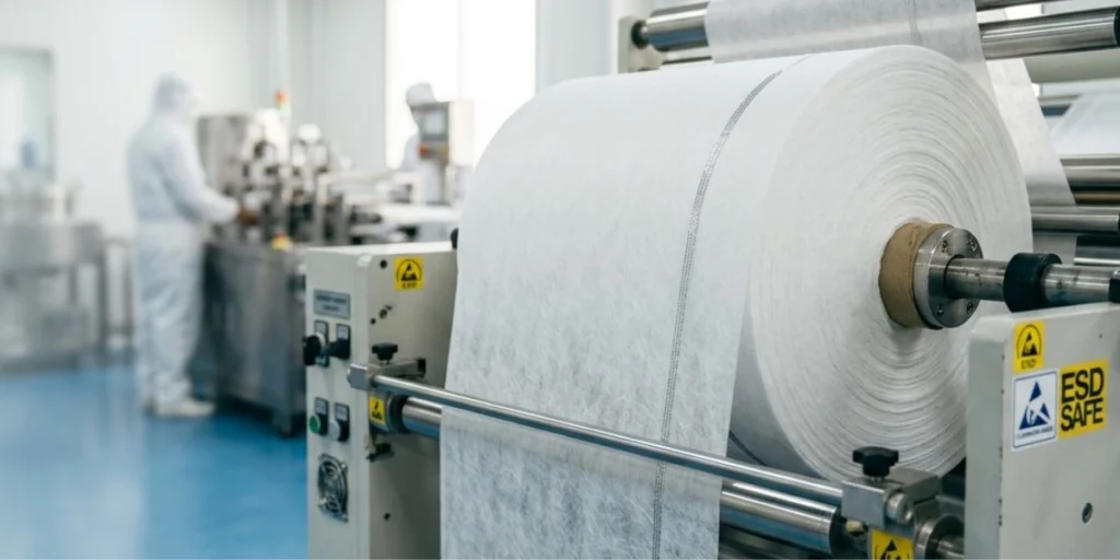 Anti-Static Spunlace Nonwoven Fabric roll for ESD-safe wipes and cleanroom applications manufactured in India
