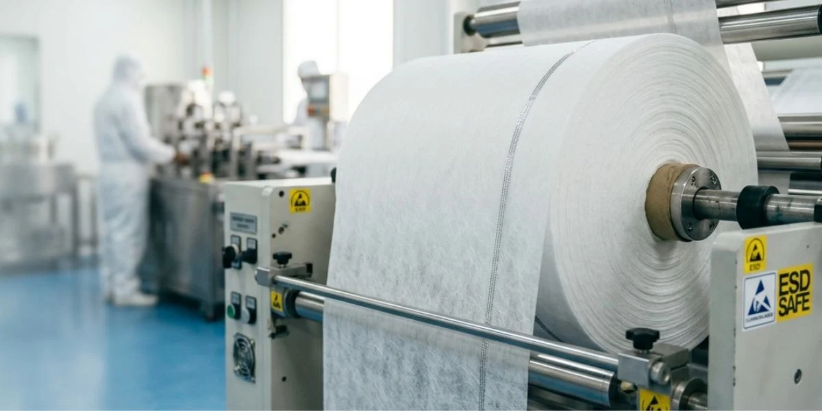 Anti-Static Spunlace Nonwoven Fabric roll for ESD-safe wipes and cleanroom applications manufactured in India