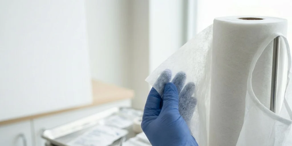 Spunlace nonwoven fabric used for surgical gowns featuring a soft texture, breathable structure, and reliable fluid barrier protection for medical and healthcare applications.