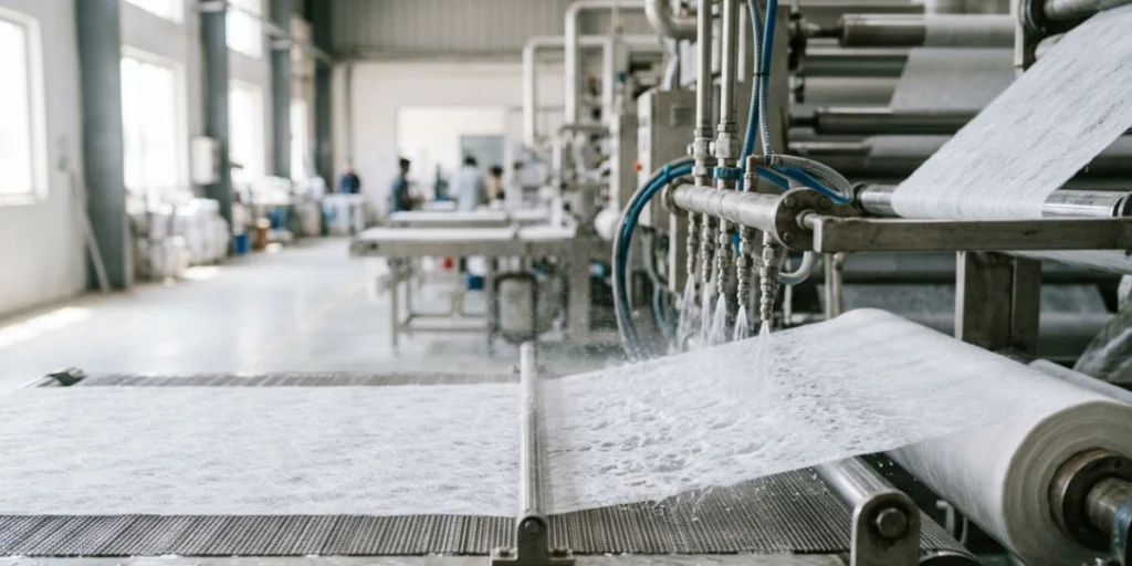 Wetlace nonwoven fabric roll manufactured in India using wetlaid spunlace composite technology for wipes, hygiene, medical, and industrial applications.