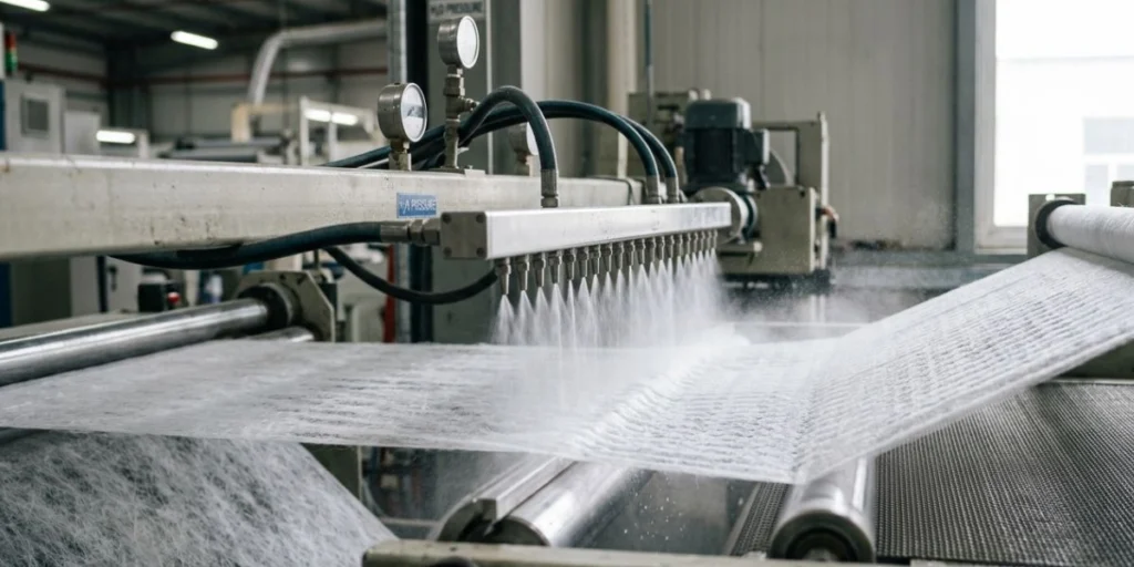 Hydroentanglement process in nonwoven fabric manufacturing showing high-pressure water jets bonding fibers into durable spunlace material for wipes, medical, and hygiene applications.