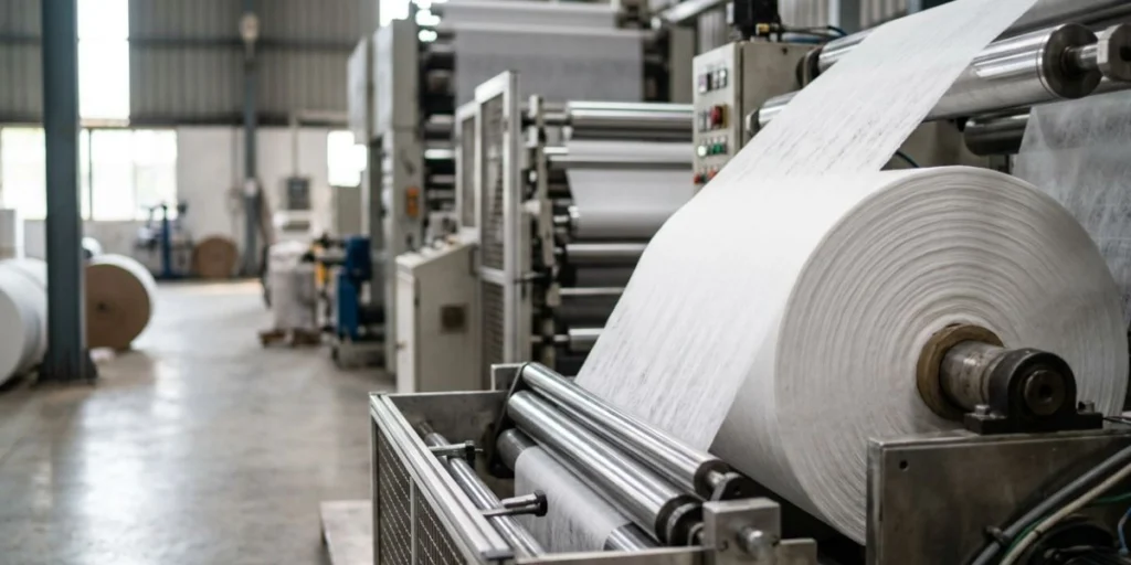 Spunlace nonwoven topsheet fabric roll used in hygiene products, featuring soft breathable coverstock material for sanitary pads, baby diapers, and medical hygiene applications manufactured in India by Favourite Fab.