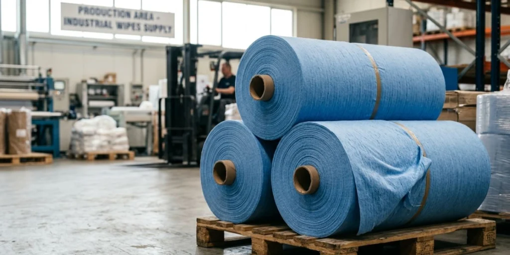 Wood pulp polyester spunlace 70/30 nonwoven fabric jumbo roll for industrial wipes manufacturing, offering high absorbency, strength, and lint-free cleaning performance for bulk wholesale supply.