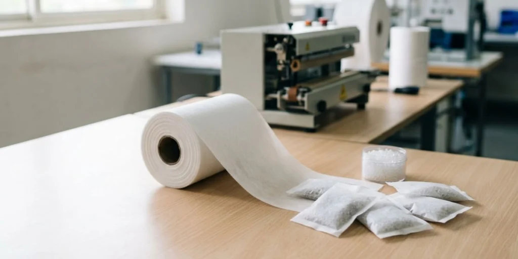 Bico spunbond nonwoven fabric roll for desiccant pouch manufacturing with soft seal surface and heat-sealable structure for moisture absorption packaging applications in India.