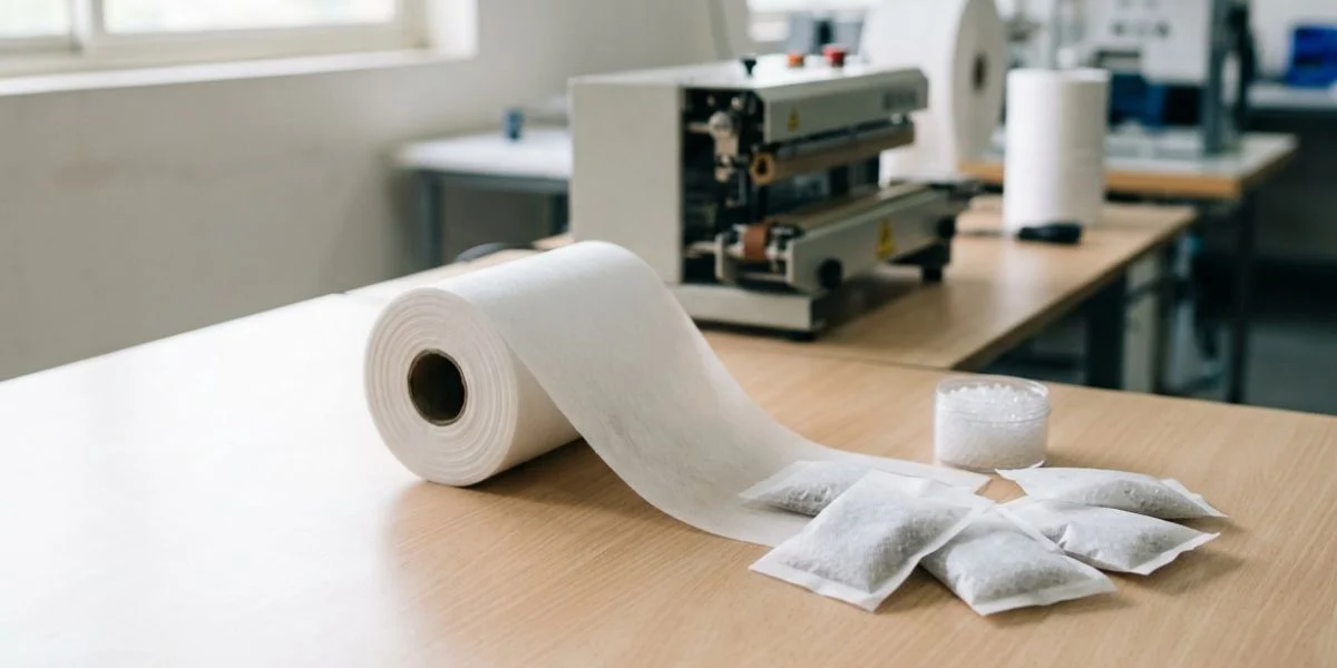 Bico spunbond nonwoven fabric roll for desiccant pouch manufacturing with soft seal surface and heat-sealable structure for moisture absorption packaging applications in India.