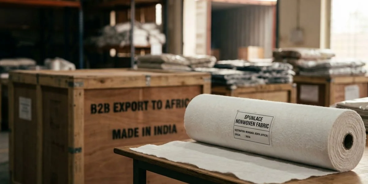 Spunlace nonwoven fabric rolls prepared for export from India to African B2B buyers for hygiene, medical, wipes, and industrial applications.