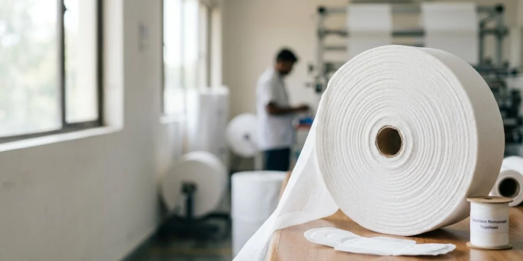 Spunlace nonwoven fabric roll for sanitary napkins with soft breathable topsheet texture manufactured in India for hygiene product applications.