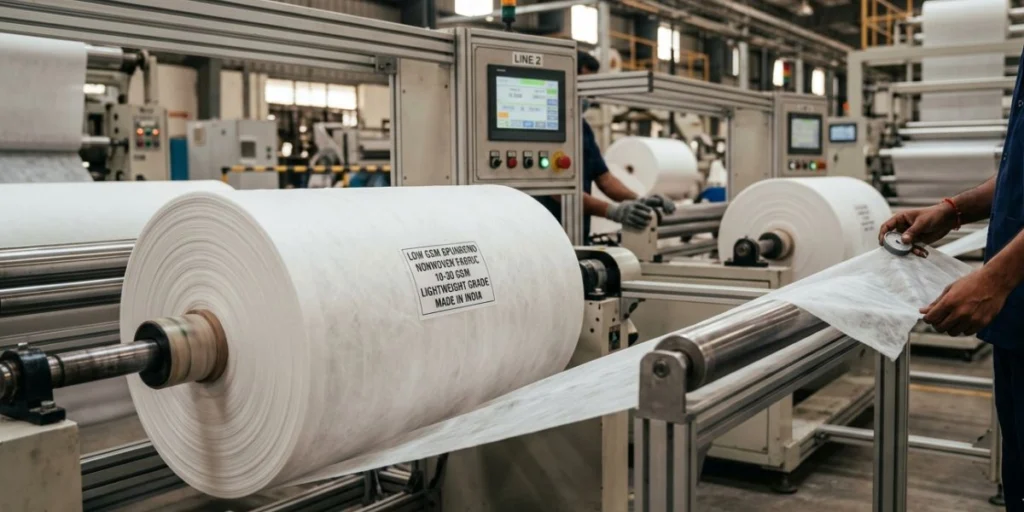 Low GSM spunbond nonwoven fabric roll in 10–30 GSM lightweight grade manufactured in India for hygiene, medical, packaging, and disposable product applications.