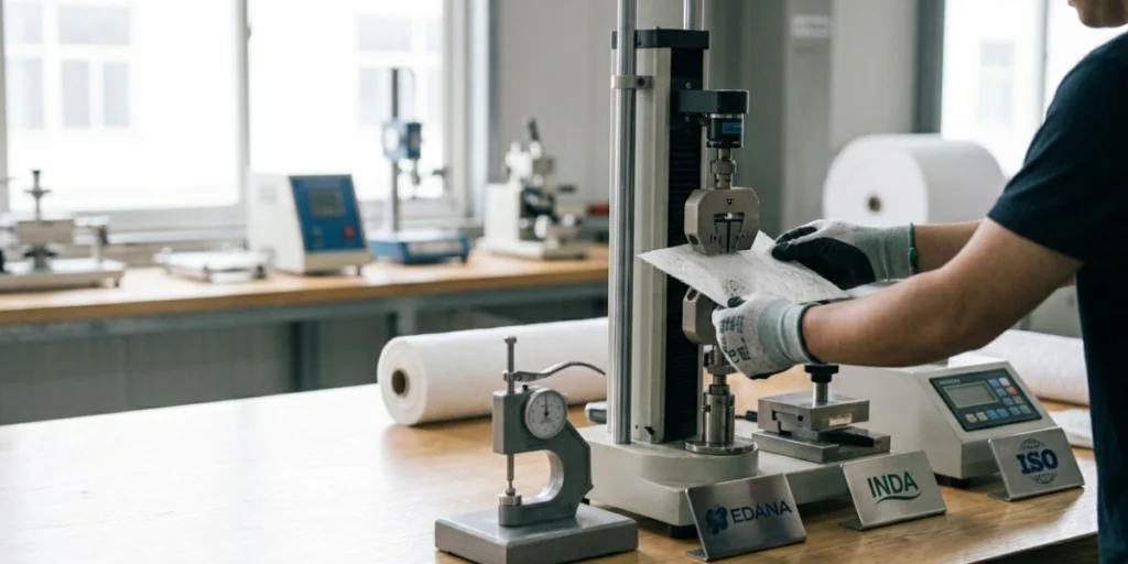 Laboratory testing of nonwoven fabric according to EDANA, INDA, and ISO standards with tensile strength, absorbency, GSM, and quality control evaluation for industrial and hygiene applications.