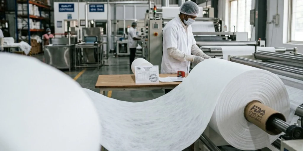 Food Grade Spunlace Nonwoven Fabric roll manufactured in India for FDA compliant food packaging, wipes, filtration, and hygienic B2B applications.