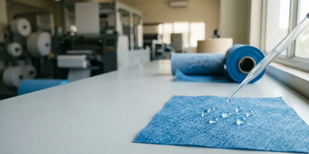 Hydrophobic spunbond nonwoven fabric roll with liquid repellent surface finish manufactured in India for medical, hygiene, packaging, and industrial applications.