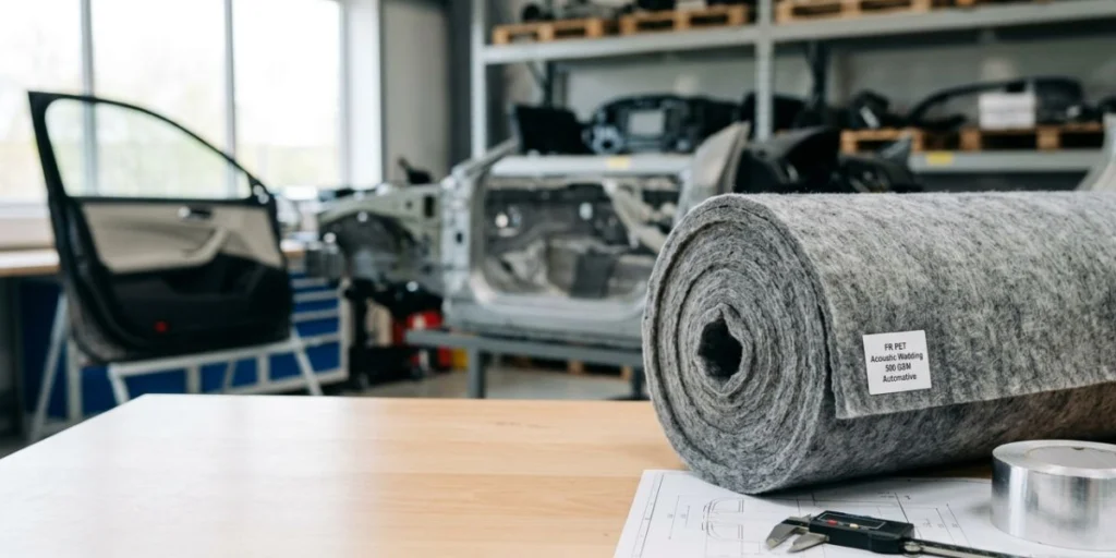 FR PET Acoustic Wadding Nonwoven 500 GSM roll for automotive insulation and sound absorption applications manufactured in India by Favourite Fab