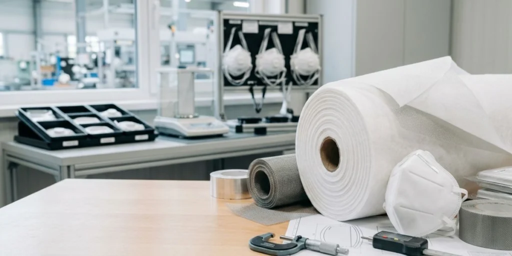 FFP3 mask filter media nonwoven fabric roll for industrial PPE manufacturing with high-efficiency particle filtration and breathable multilayer structure.