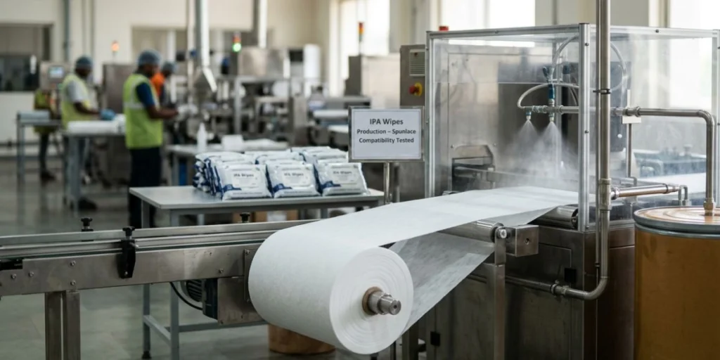IPA wipes nonwoven fabric roll made from isopropyl alcohol compatible spunlace material for medical, electronics, and industrial cleaning applications in India.