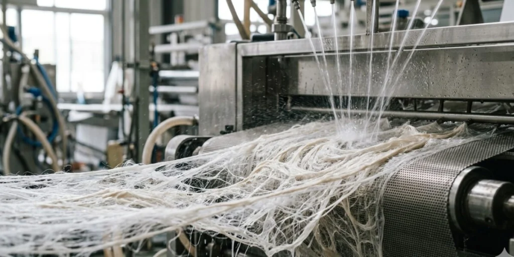 Spunlace nonwoven manufacturing process using high-pressure water jets for hydroentanglement bonding of soft fabric rolls in industrial production line.