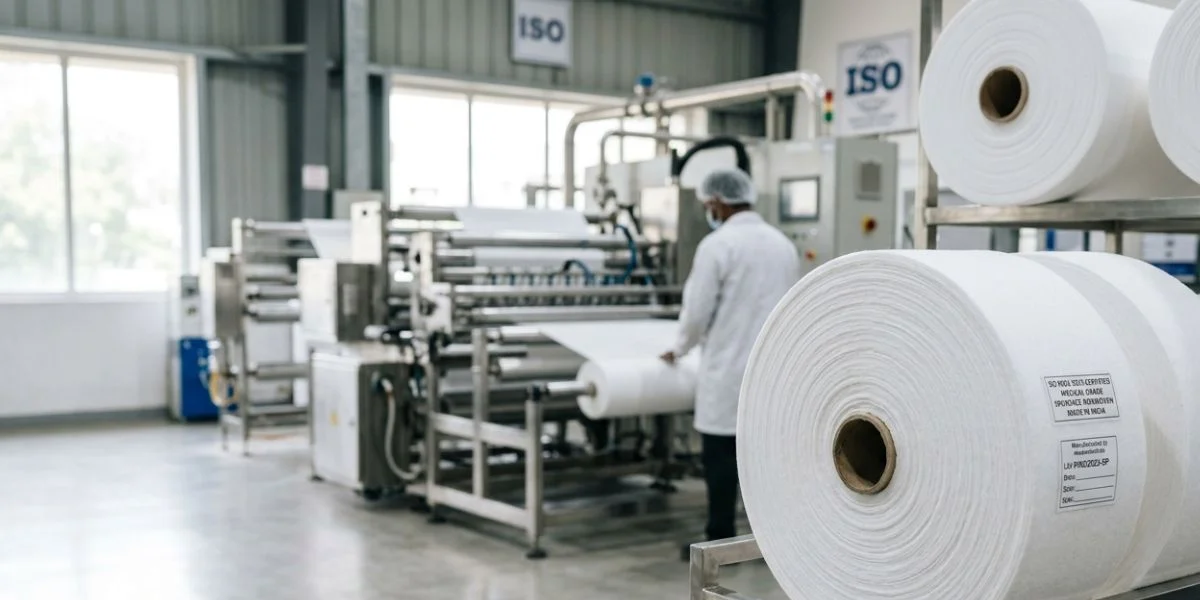 Medical grade spunlace nonwoven fabric roll manufactured in India with ISO-certified quality standards for hygiene, surgical, and healthcare applications.