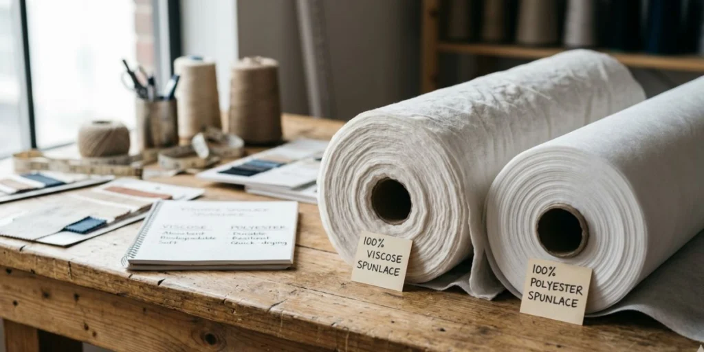 Viscose vs polyester spunlace nonwoven fabric comparison showing softness, absorbency, strength, durability, and industrial applications for hygiene, wipes, and medical products.