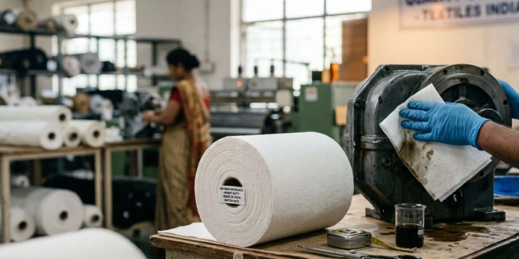100 GSM spunlace nonwoven fabric roll with heavy-duty thickness and high absorbency for industrial wipes, medical, hygiene, and cleaning applications manufactured in India.