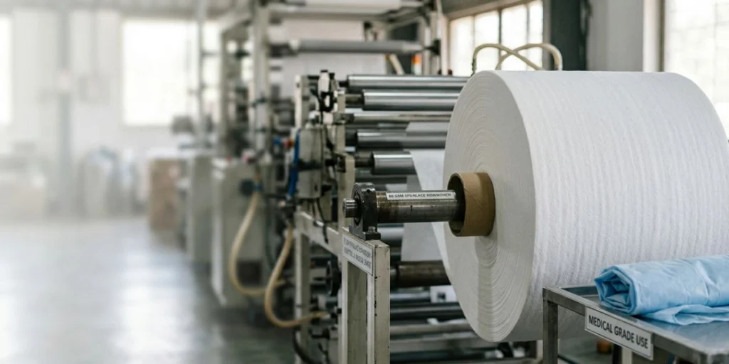 80 GSM spunlace nonwoven fabric roll for industrial and medical applications manufactured in India with soft texture, high absorbency, and durable performance.