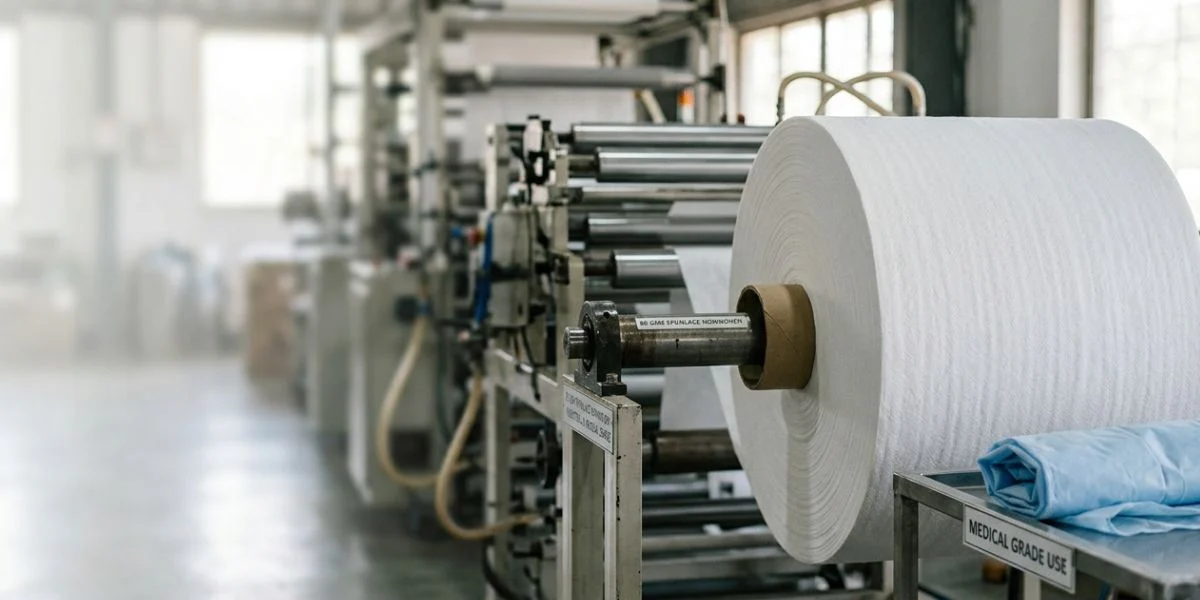 80 GSM spunlace nonwoven fabric roll for industrial and medical applications manufactured in India with soft texture, high absorbency, and durable performance.