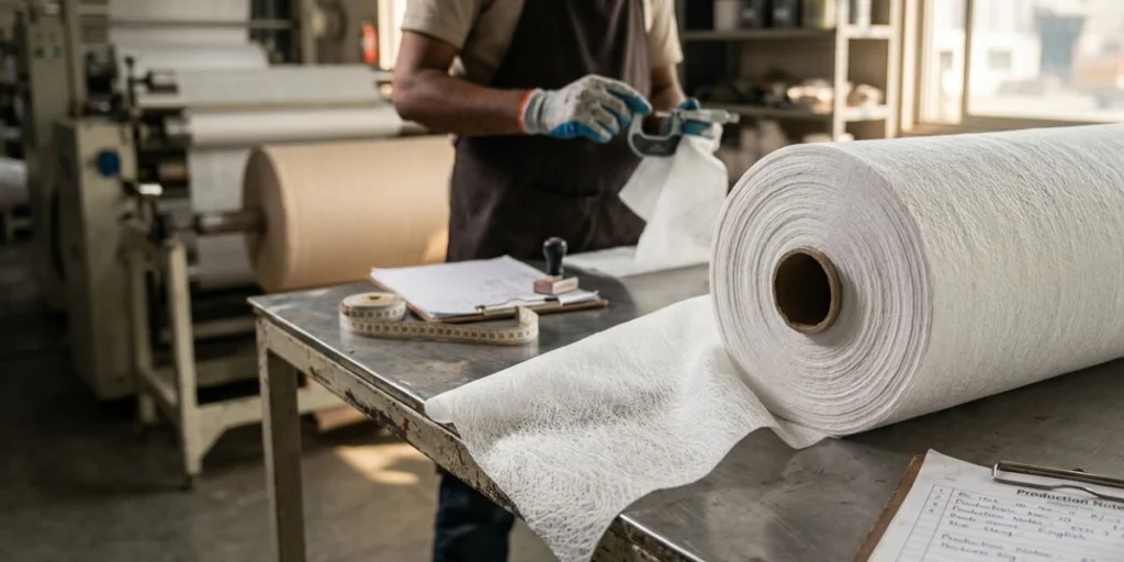 70 GSM spunlace nonwoven fabric heavy-duty industrial wipe roll in white texture for cleaning, automotive, medical, and hygiene applications manufactured in India.