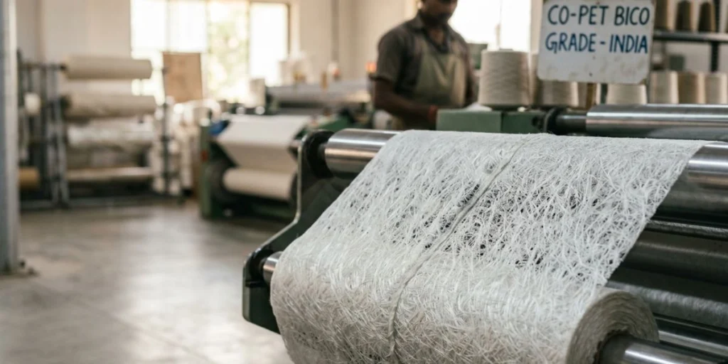 Co-PET bicomponent nonwoven fabric roll with low melt PET fiber structure for thermal bonding applications in hygiene, filtration, automotive, and industrial manufacturing in India.