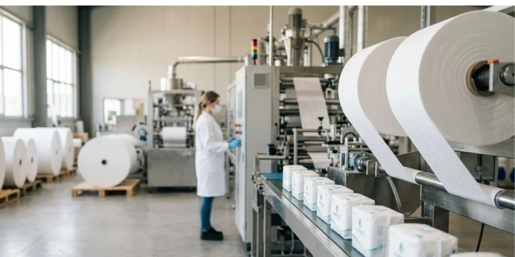 OEM contract manufacturing hydrophilic topsheet nonwoven fabric for hygiene products with private label packaging solutions for sanitary pads, diapers, and medical applications.