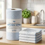 Soft and strong spunlace nonwoven fabric used in high-performance kitchen wipes for grease and spill removal.