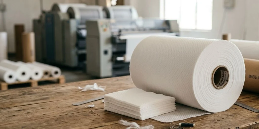 40 GSM spunlace nonwoven fabric roll manufactured in India for standard wipe applications, featuring soft texture, high absorbency, and durable lint-free performance for industrial and hygiene use.