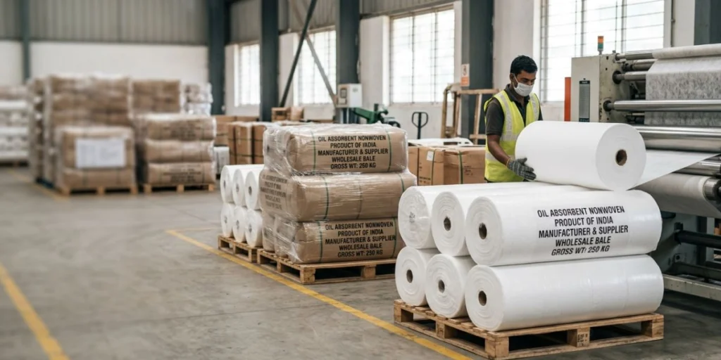 Oil absorbent nonwoven fabric rolls manufactured in India for industrial spill control, chemical absorption, and oil cleanup applications.