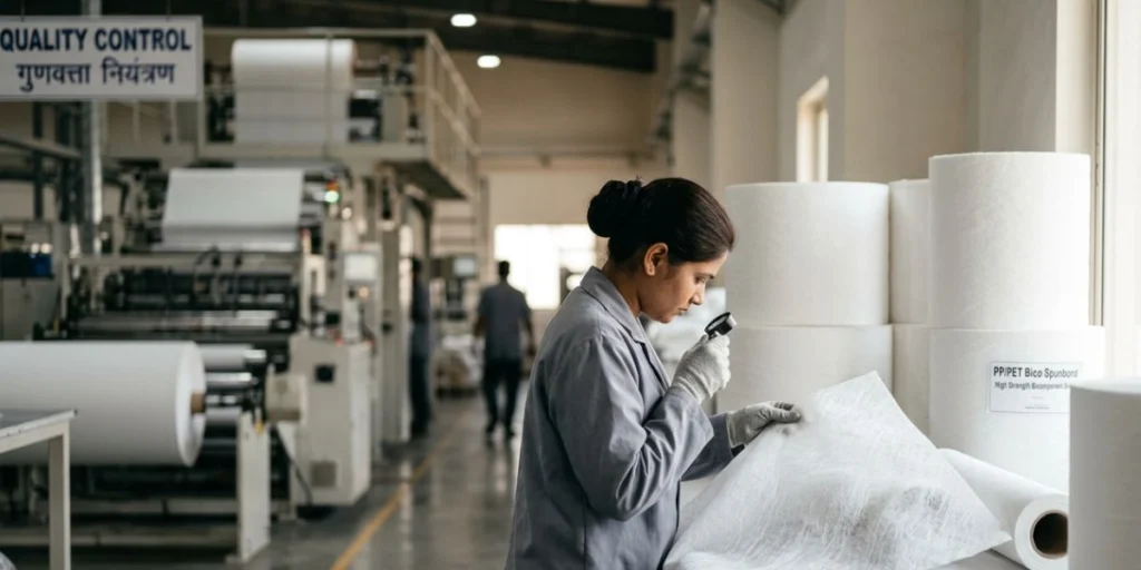 PP/PET Bico Spunbond Nonwoven Fabric roll with high strength bicomponent structure for industrial, hygiene, filtration, and packaging applications in India.