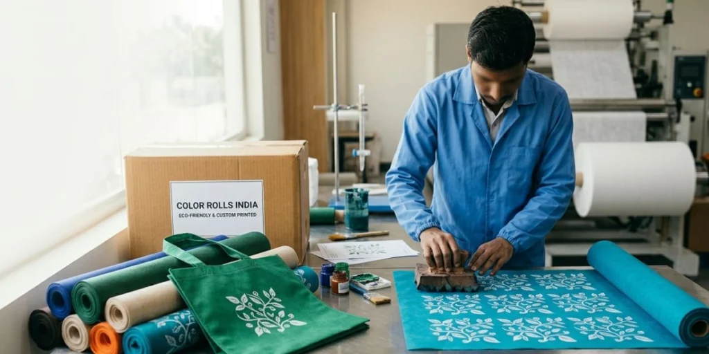 Custom printed nonwoven fabric coloured rolls for eco-friendly bag manufacturing in India, available in multiple colors, patterns, and branding options.