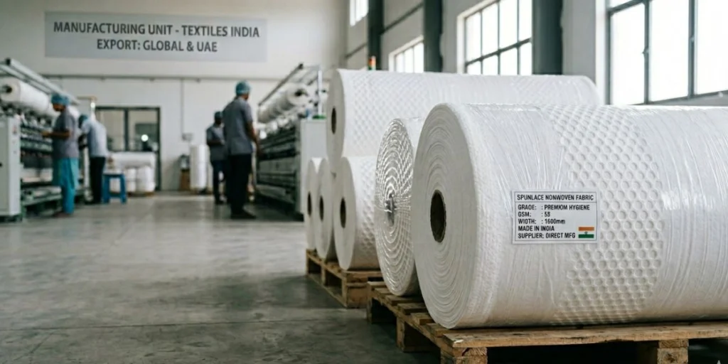 Spunlace nonwoven fabric rolls supplied from India to UAE for wipes, medical, hygiene, and industrial applications.