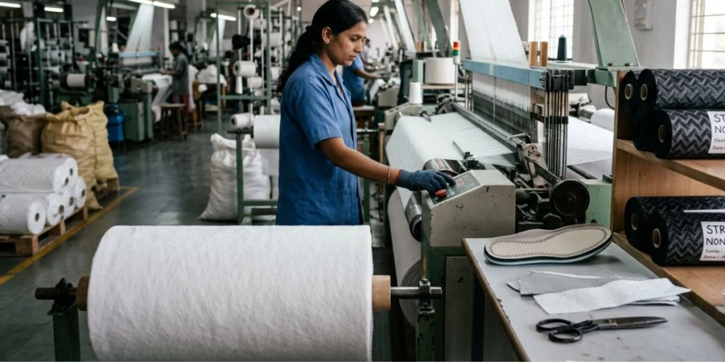 Footwear strobel nonwoven fabric manufacturer supplier wholesaler in India providing durable lightweight shoe lining and strobel insole materials for footwear production.