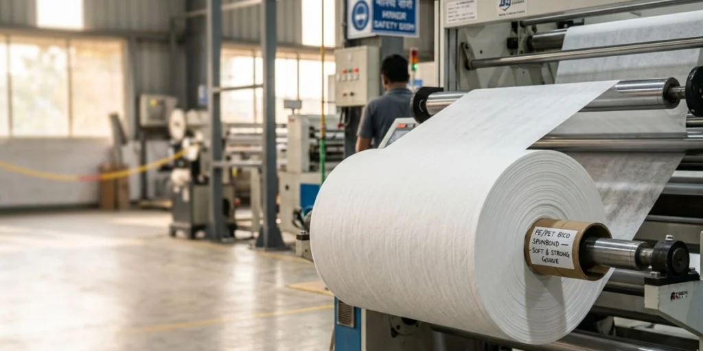 PE/PET bico spunbond nonwoven fabric roll with soft texture and high tensile strength for hygiene, medical, filtration, and industrial applications in India.