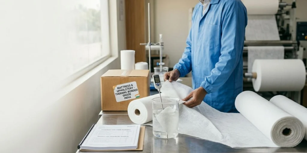 Thermal bonded nonwoven fabric for mattress and upholstery manufacturing in India, designed for cushioning, insulation, quilting, and furniture lining applications.