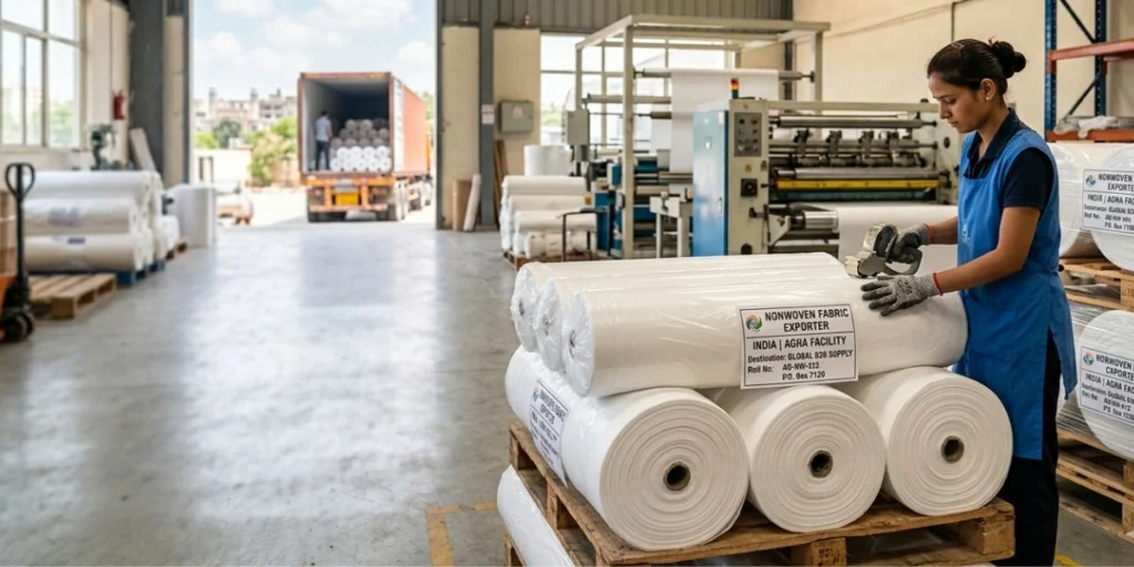 Nonwoven fabric exporter in India supplying spunbond, spunlace, SMS, and industrial nonwoven materials globally from Agra for B2B manufacturing and wholesale applications.
