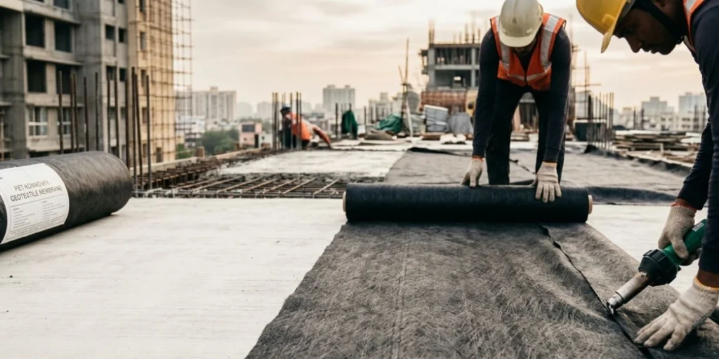Polyester PET nonwoven geotextile membrane roll for construction and roofing applications in India with high tensile strength and waterproof performance.