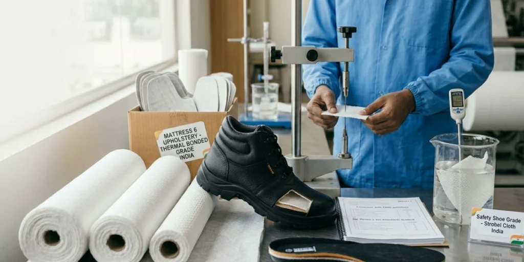 Strobel cloth nonwoven fabric for footwear and safety shoe manufacturing in India, offering high strength, flexibility, and durable shoe sole stitching support.
