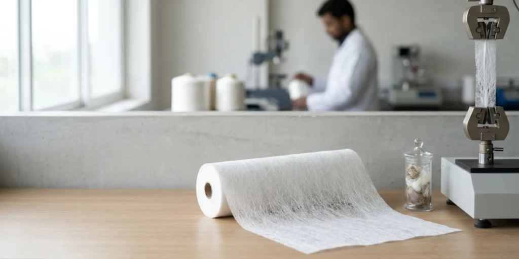 MD CD ratio testing of spunlace nonwoven fabric showing balanced machine direction and cross direction tensile strength for durable industrial and hygiene applications.
